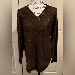 Soft Surroundings Elegant Brown V-neck Sequin Pullover Sweater Size S